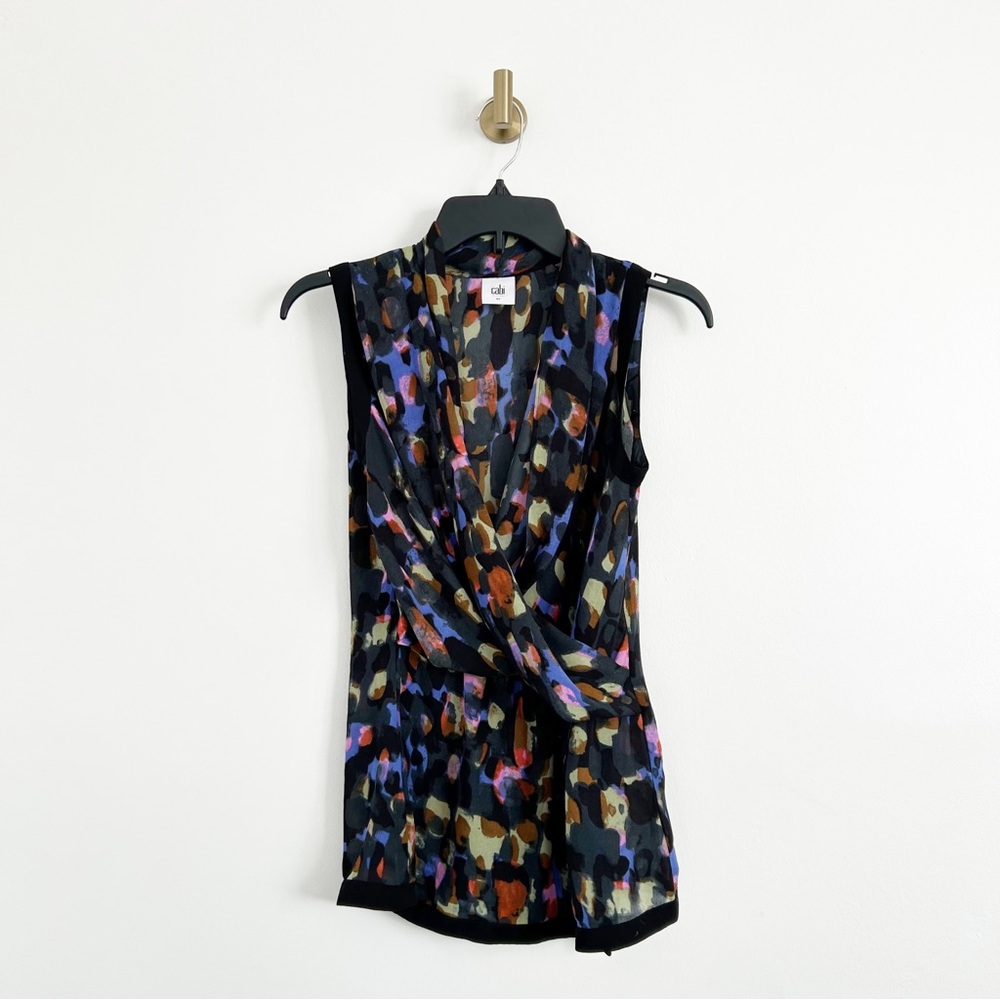 CAbi Flaunt Faux Wrap Surplice Sleeveless Watercolor Print Blouse Size XS